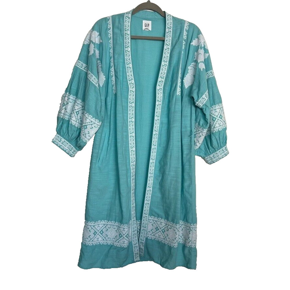 Gap Robe Jacket Womens S/M Embroidered Balloon Sleeve Ice Water Blue
